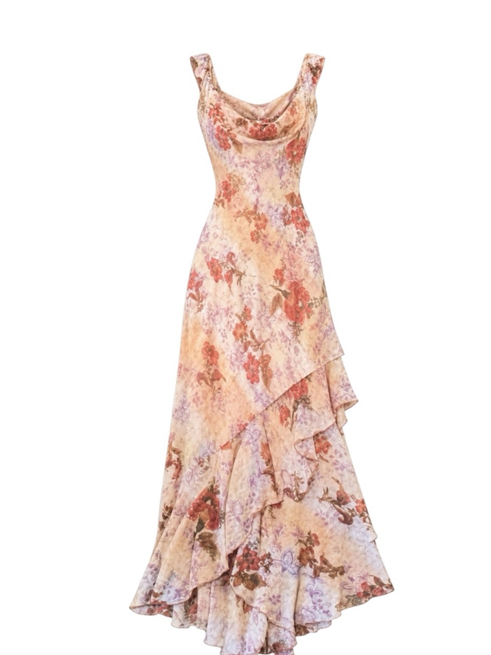 Dunamis Floral Maxi Dress Cowl Neck Sleeveless Chiffon Orange Purple Pink M